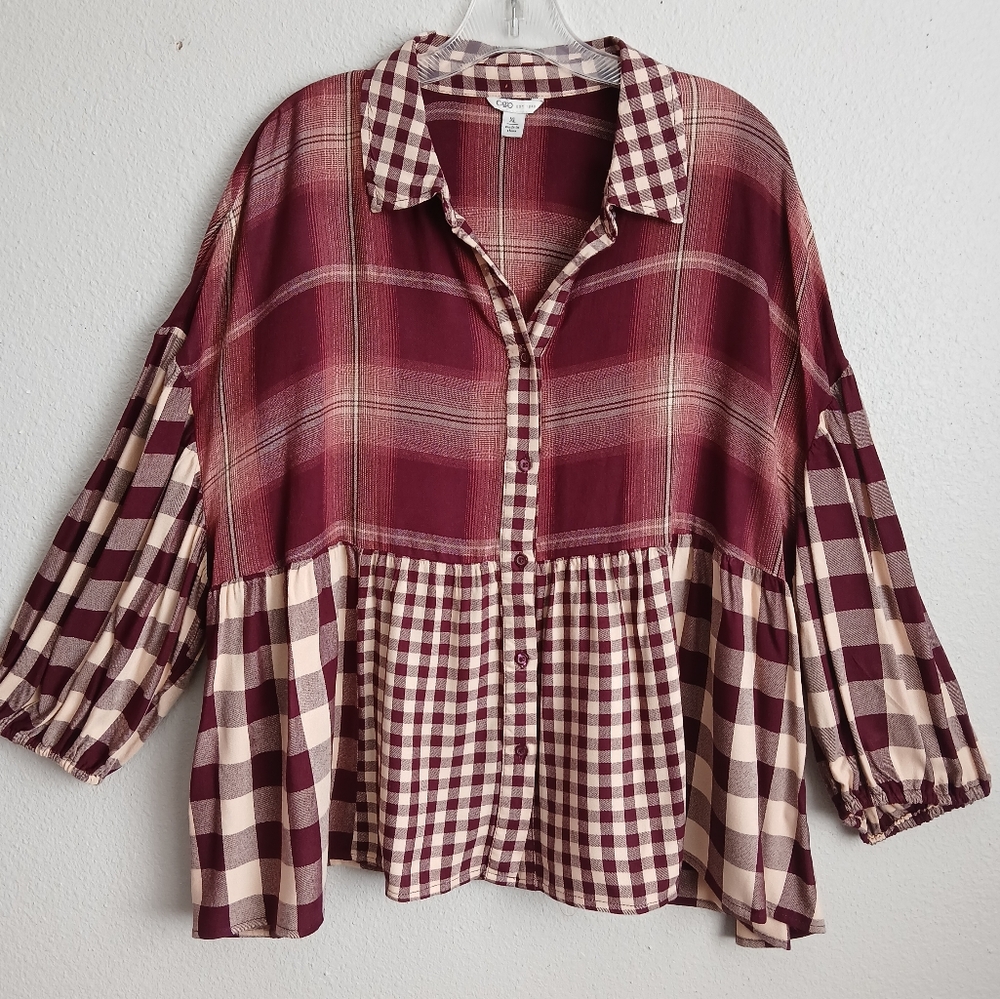 Cato Blouse Top Women's Size XL Burgandy Checkered Long Sleeve Button Up